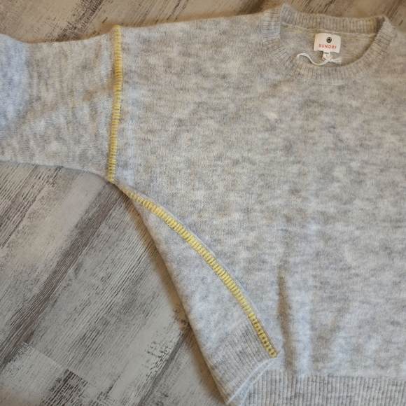 Sundry By "Anthropologie" Soft Sweater in Heather Gray & Yellow Baseball Stitch - Picture 5 of 9